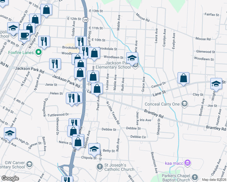 map of restaurants, bars, coffee shops, grocery stores, and more near 1103 Lane Street in Kannapolis