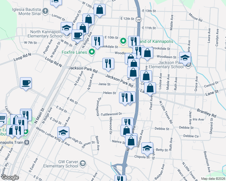 map of restaurants, bars, coffee shops, grocery stores, and more near 505 Helen Street in Kannapolis