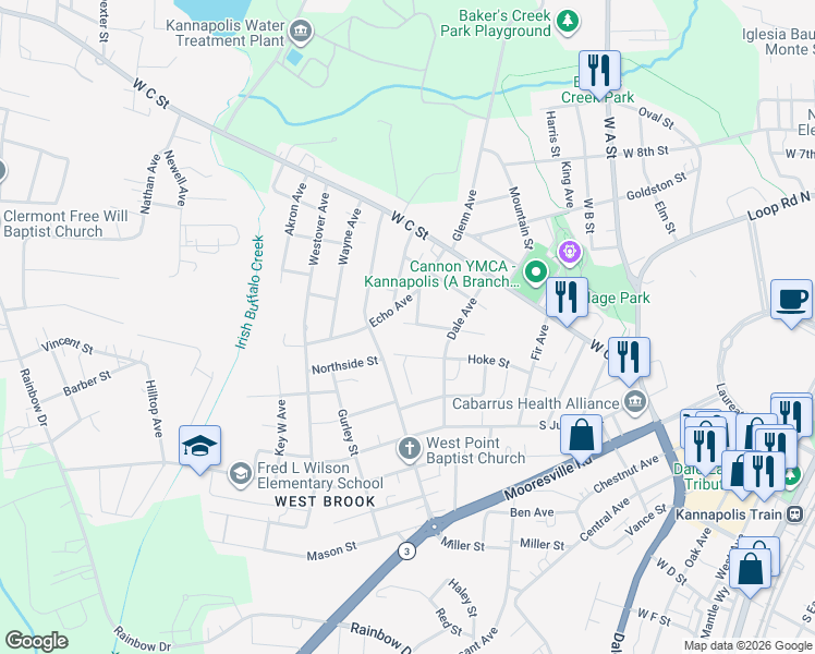 map of restaurants, bars, coffee shops, grocery stores, and more near 1005 Maywood Street in Kannapolis