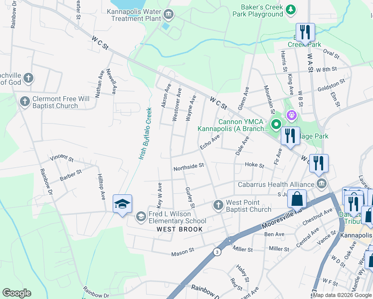 map of restaurants, bars, coffee shops, grocery stores, and more near 139 Wayne Avenue in Kannapolis