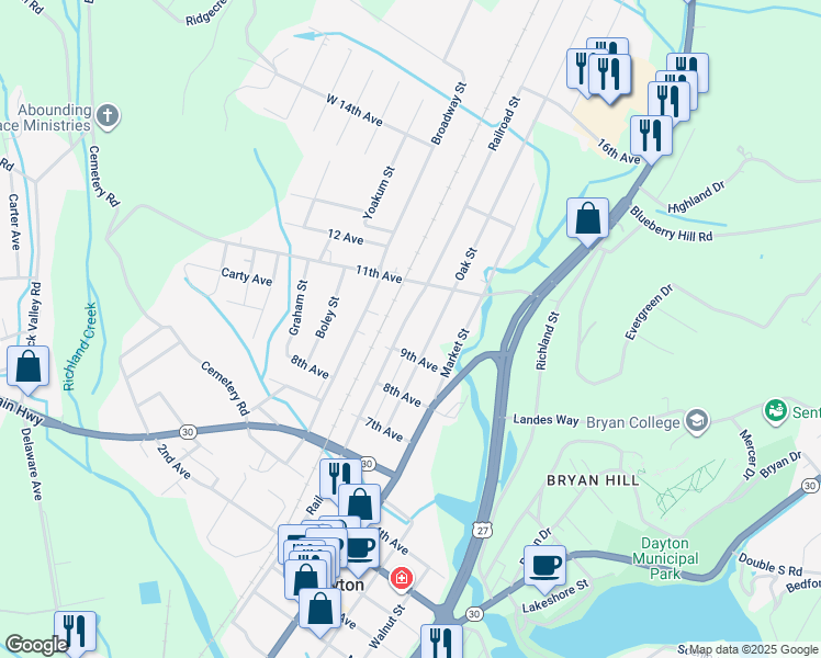 map of restaurants, bars, coffee shops, grocery stores, and more near 1846 Railroad Street in Dayton