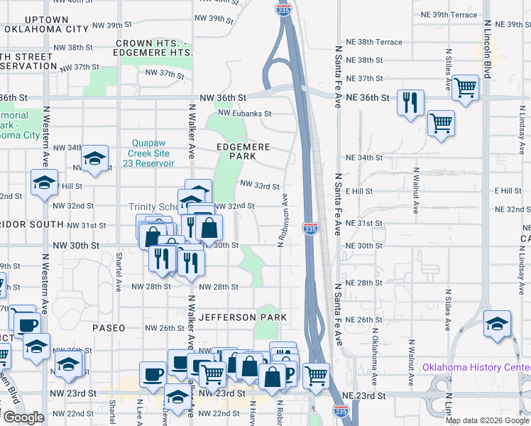 map of restaurants, bars, coffee shops, grocery stores, and more near 224 Northwest 32nd Street in Oklahoma City