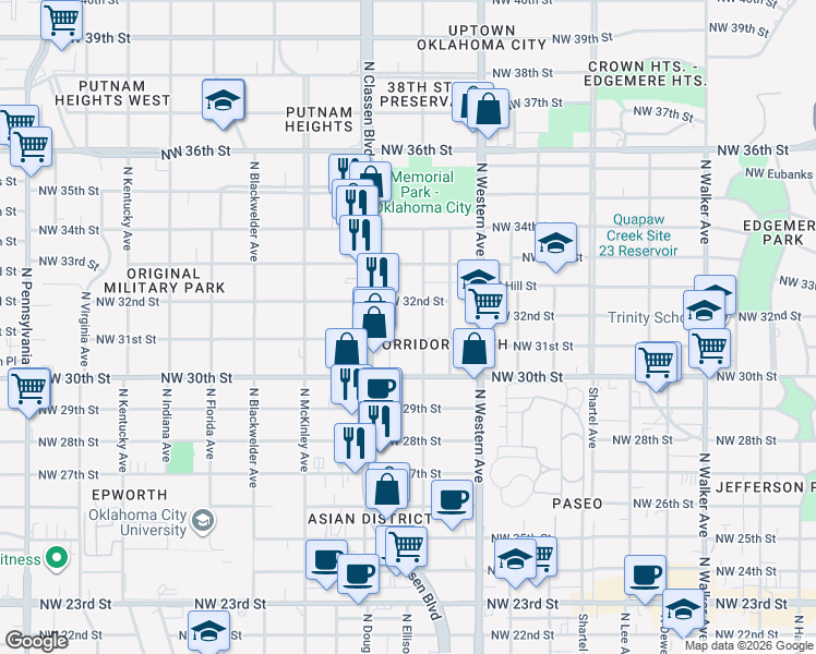 map of restaurants, bars, coffee shops, grocery stores, and more near 1217 Northwest 31st Street in Oklahoma City
