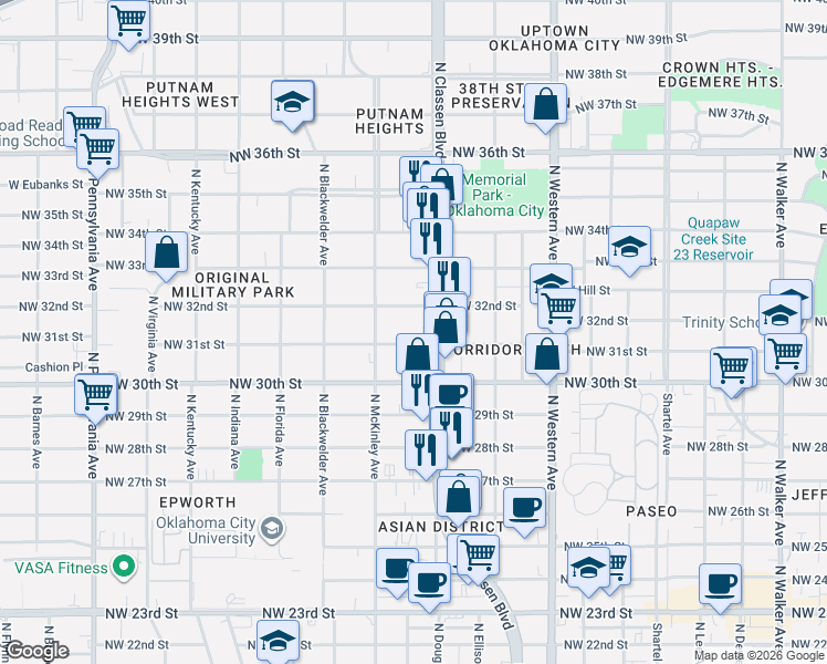 map of restaurants, bars, coffee shops, grocery stores, and more near 1437 Northwest 31st Street in Oklahoma City