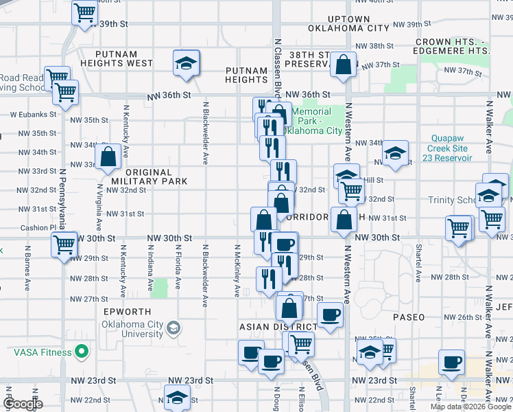 map of restaurants, bars, coffee shops, grocery stores, and more near 1437 Northwest 31st Street in Oklahoma City