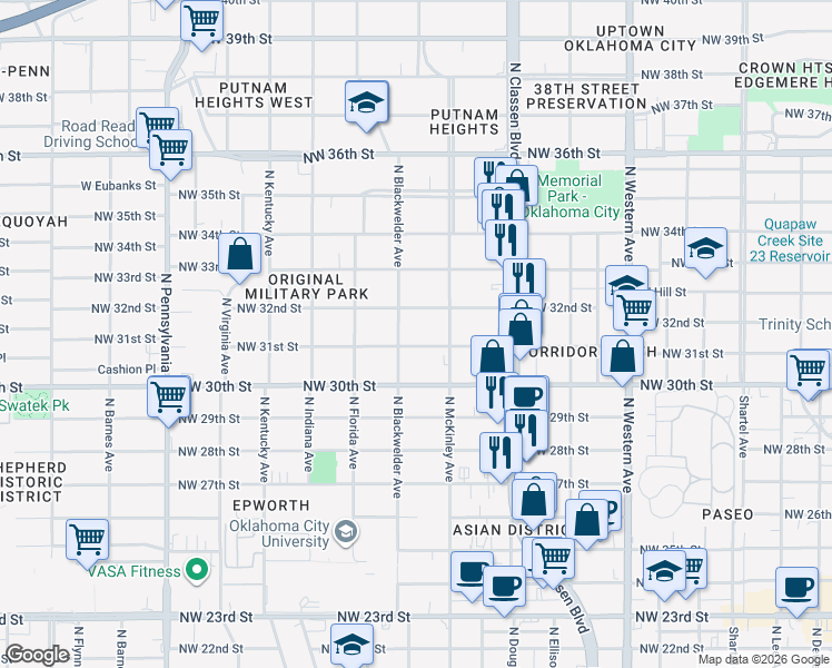 map of restaurants, bars, coffee shops, grocery stores, and more near 1517 Northwest 31st Street in Oklahoma City