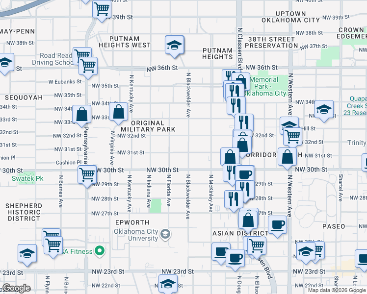 map of restaurants, bars, coffee shops, grocery stores, and more near 3205 North Blackwelder Avenue in Oklahoma City