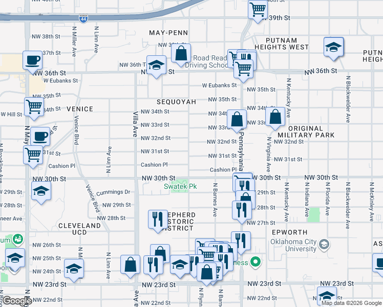 map of restaurants, bars, coffee shops, grocery stores, and more near 2306 Northwest 31st Street in Oklahoma City