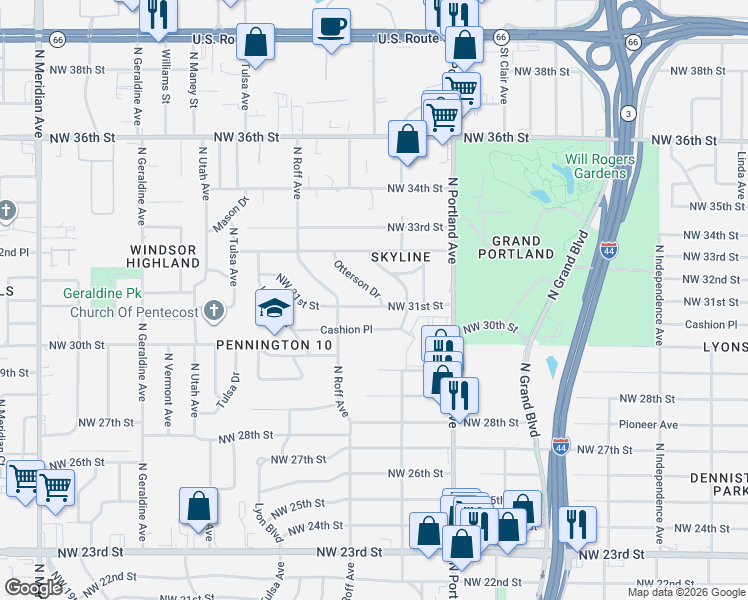 map of restaurants, bars, coffee shops, grocery stores, and more near 3833 Northwest 31st Street in Oklahoma City