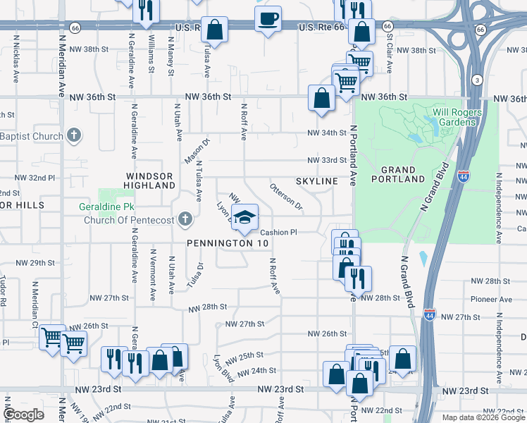 map of restaurants, bars, coffee shops, grocery stores, and more near 3201 North Roff Avenue in Oklahoma City