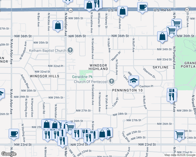 map of restaurants, bars, coffee shops, grocery stores, and more near 4224 Northwest 31st Terrace in Oklahoma City