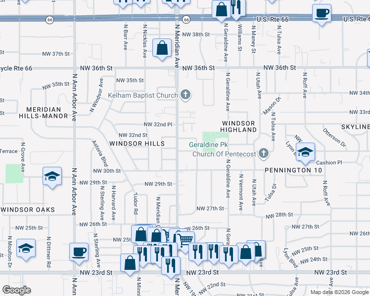 map of restaurants, bars, coffee shops, grocery stores, and more near 4421 Northwest 31st Street in Oklahoma City