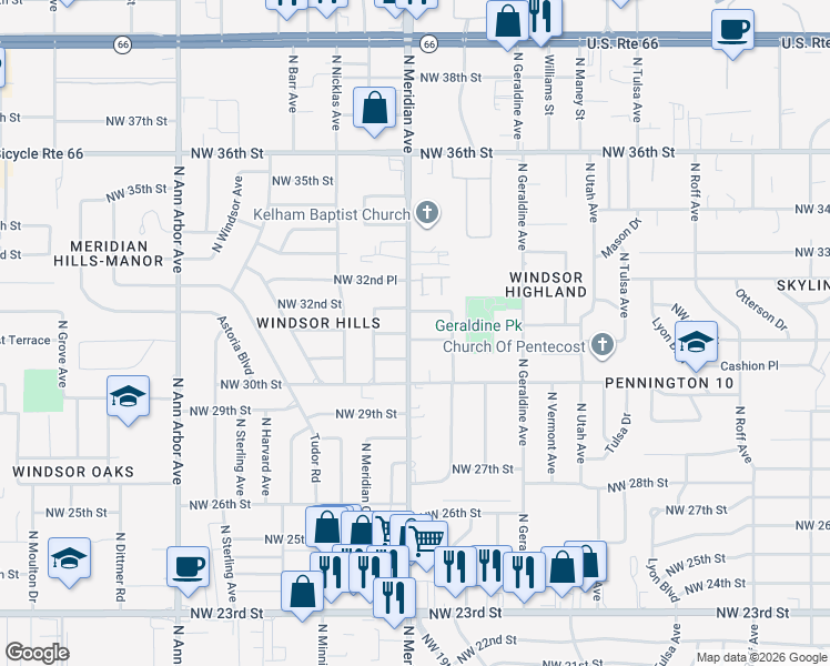 map of restaurants, bars, coffee shops, grocery stores, and more near 4421 Northwest 31st Street in Oklahoma City