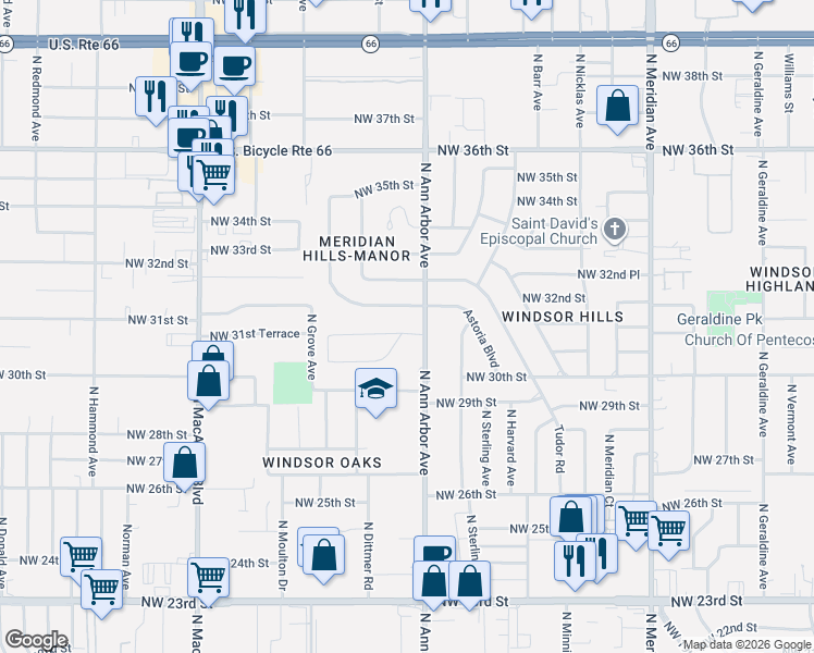 map of restaurants, bars, coffee shops, grocery stores, and more near 4909 Northwest 31st Terrace in Oklahoma City