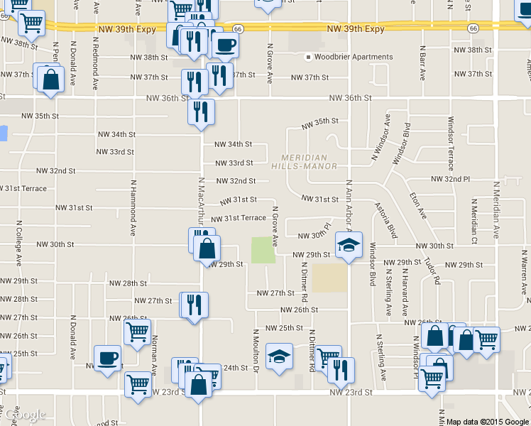 map of restaurants, bars, coffee shops, grocery stores, and more near 5717 Northwest 31st Terrace in Oklahoma City