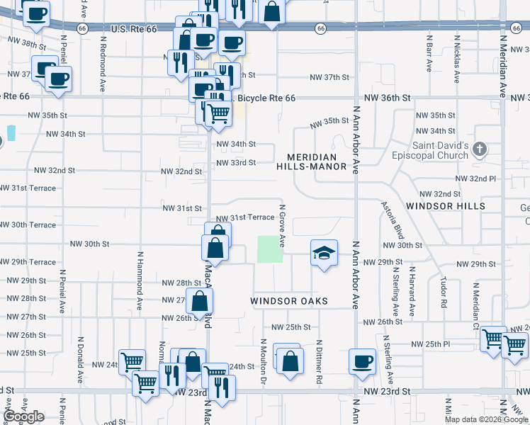 map of restaurants, bars, coffee shops, grocery stores, and more near 5717 Northwest 31st Terrace in Oklahoma City
