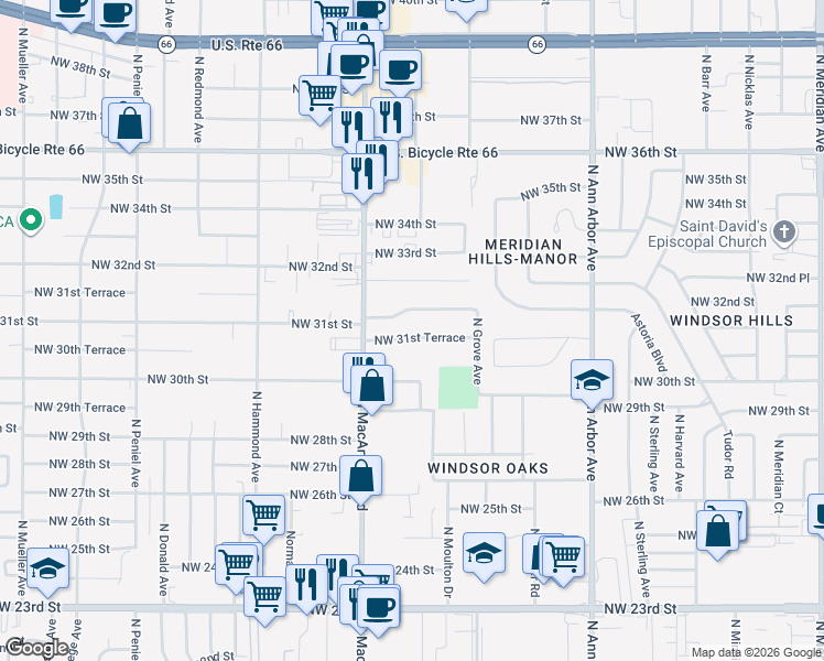 map of restaurants, bars, coffee shops, grocery stores, and more near 5801 Northwest 31st Terrace in Oklahoma City