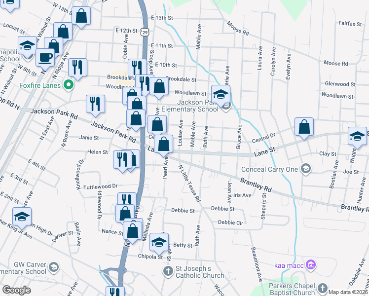 map of restaurants, bars, coffee shops, grocery stores, and more near 1103 Lane Street in Kannapolis