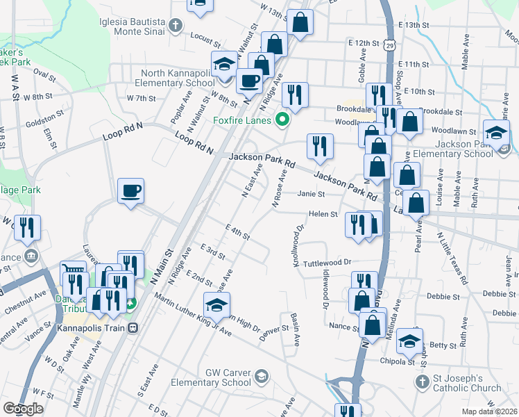 map of restaurants, bars, coffee shops, grocery stores, and more near 412 Ross Avenue in Kannapolis
