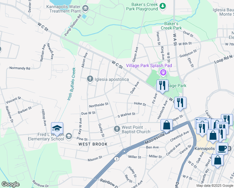 map of restaurants, bars, coffee shops, grocery stores, and more near 1005 Maywood Street in Kannapolis