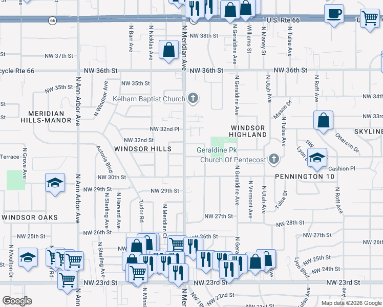 map of restaurants, bars, coffee shops, grocery stores, and more near 4421 Northwest 31st Street in Oklahoma City