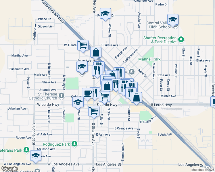 map of restaurants, bars, coffee shops, grocery stores, and more near 300 Central Avenue in Shafter