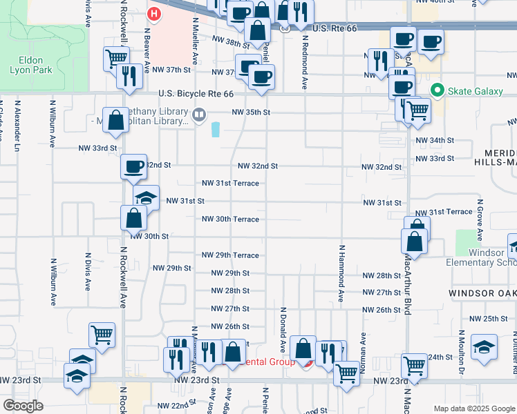 map of restaurants, bars, coffee shops, grocery stores, and more near 6602 Northwest 31st Street in Bethany