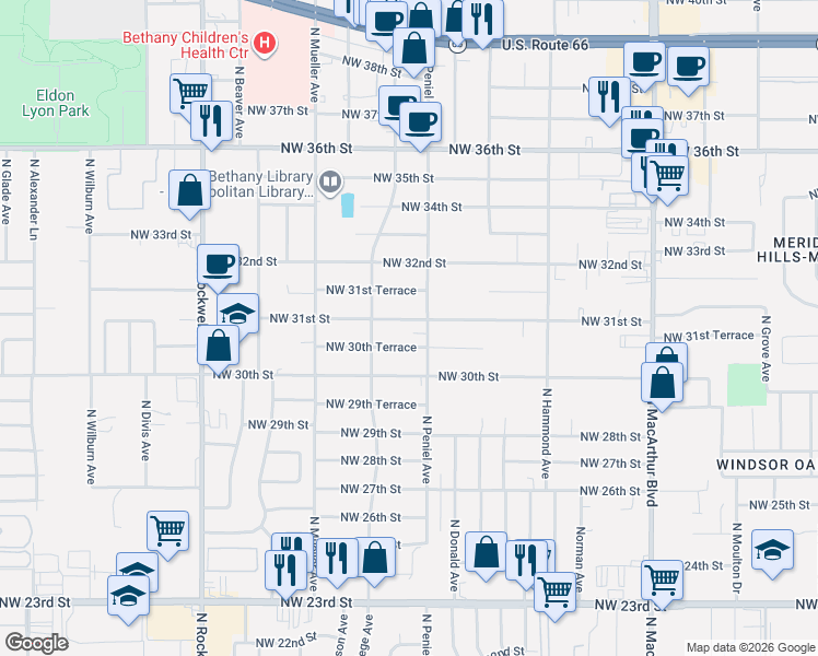 map of restaurants, bars, coffee shops, grocery stores, and more near 6602 Northwest 31st Street in Bethany