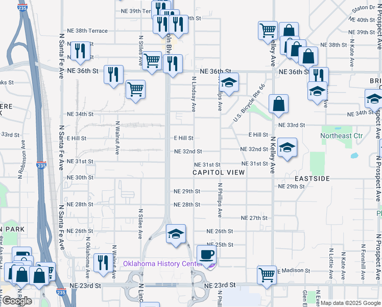 map of restaurants, bars, coffee shops, grocery stores, and more near 3217 North Lindsay Avenue in Oklahoma City