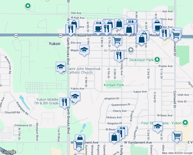 map of restaurants, bars, coffee shops, grocery stores, and more near 516 South 8th Street in Yukon