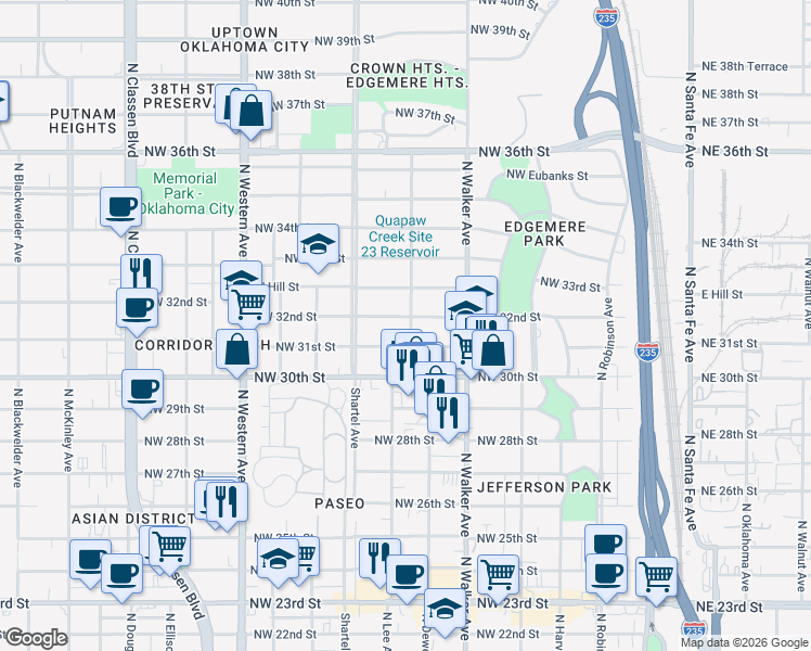 map of restaurants, bars, coffee shops, grocery stores, and more near 600 Northwest 32nd Street in Oklahoma City
