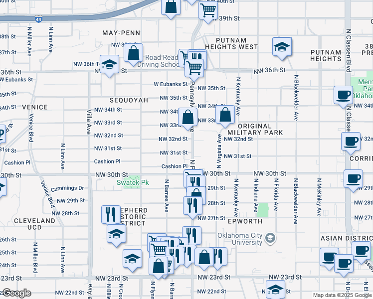map of restaurants, bars, coffee shops, grocery stores, and more near 2109 Northwest 31st Street in Oklahoma City