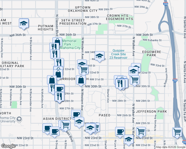 map of restaurants, bars, coffee shops, grocery stores, and more near 3215 North Olie Avenue in Oklahoma City