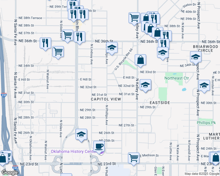 map of restaurants, bars, coffee shops, grocery stores, and more near 800 Northeast 32nd Street in Oklahoma City