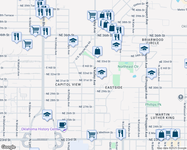 map of restaurants, bars, coffee shops, grocery stores, and more near in Oklahoma City