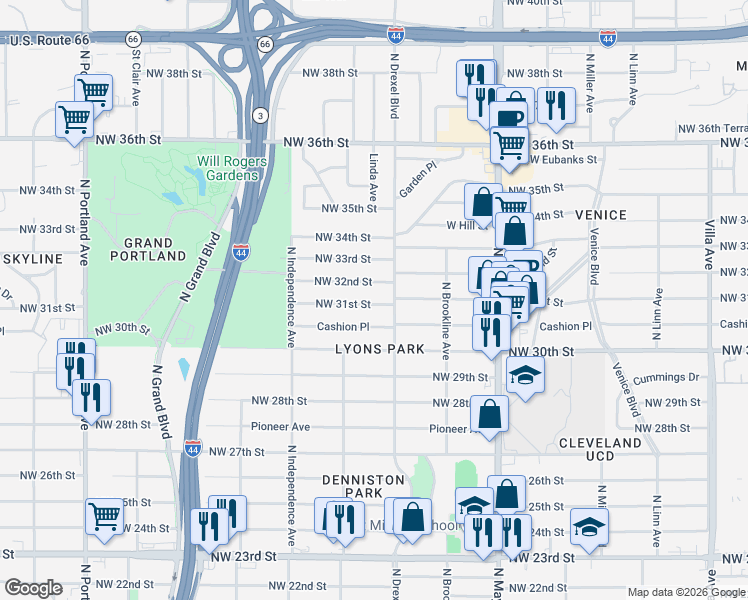 map of restaurants, bars, coffee shops, grocery stores, and more near 3104 Northwest 31st Street in Oklahoma City