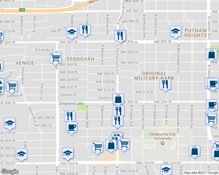 map of restaurants, bars, coffee shops, grocery stores, and more near 2125 Northwest 31st Street in Oklahoma City