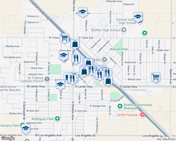 map of restaurants, bars, coffee shops, grocery stores, and more near 300 Central Avenue in Shafter