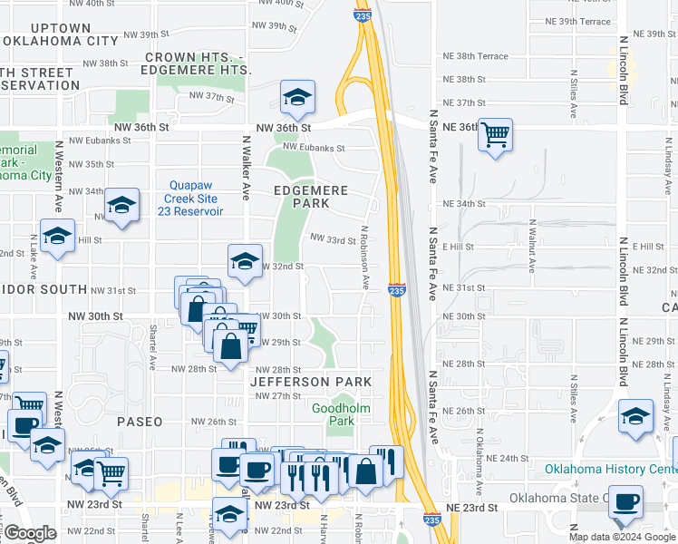map of restaurants, bars, coffee shops, grocery stores, and more near 224 Northwest 32nd Street in Oklahoma City