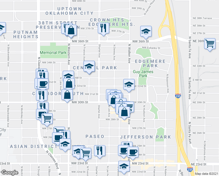 map of restaurants, bars, coffee shops, grocery stores, and more near 612 Northwest 32nd Street in Oklahoma City