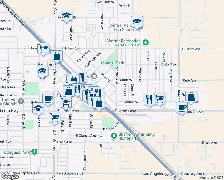 map of restaurants, bars, coffee shops, grocery stores, and more near 240 Mannel Avenue in Shafter
