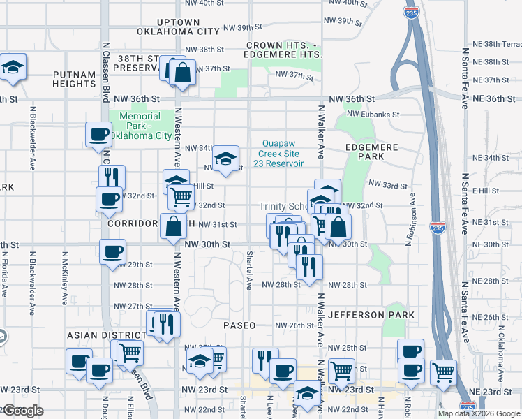 map of restaurants, bars, coffee shops, grocery stores, and more near 710 Northwest 32nd Street in Oklahoma City