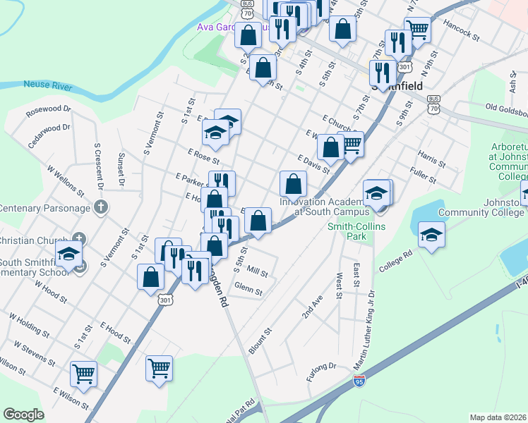 map of restaurants, bars, coffee shops, grocery stores, and more near 615 South 5th Street in Smithfield