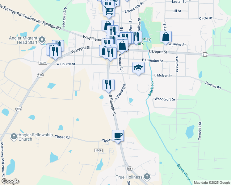 map of restaurants, bars, coffee shops, grocery stores, and more near 361 South Broad Street East in Angier