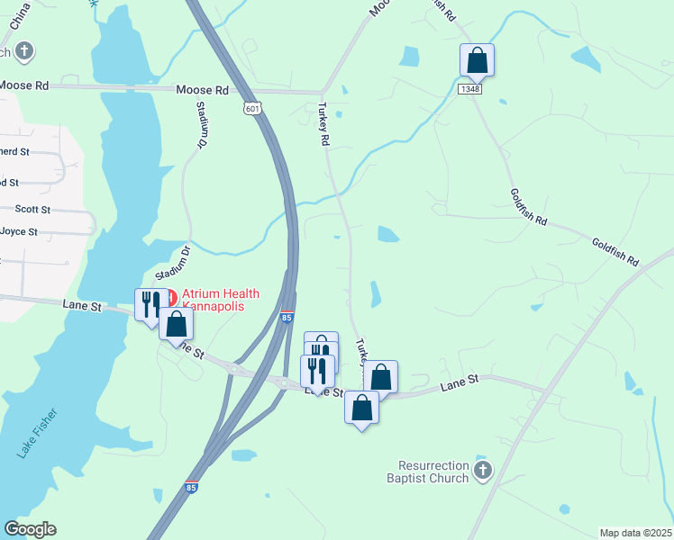 map of restaurants, bars, coffee shops, grocery stores, and more near 6225 Turkey Road in Kannapolis