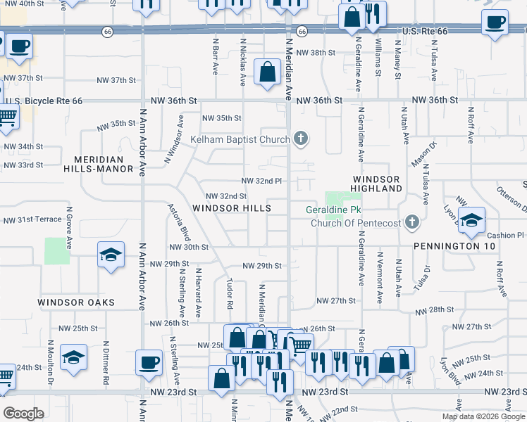 map of restaurants, bars, coffee shops, grocery stores, and more near 4508 Northwest 31st Street in Oklahoma City