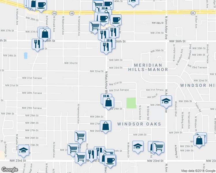 map of restaurants, bars, coffee shops, grocery stores, and more near 5829 Northwest 31st Terrace in Oklahoma City