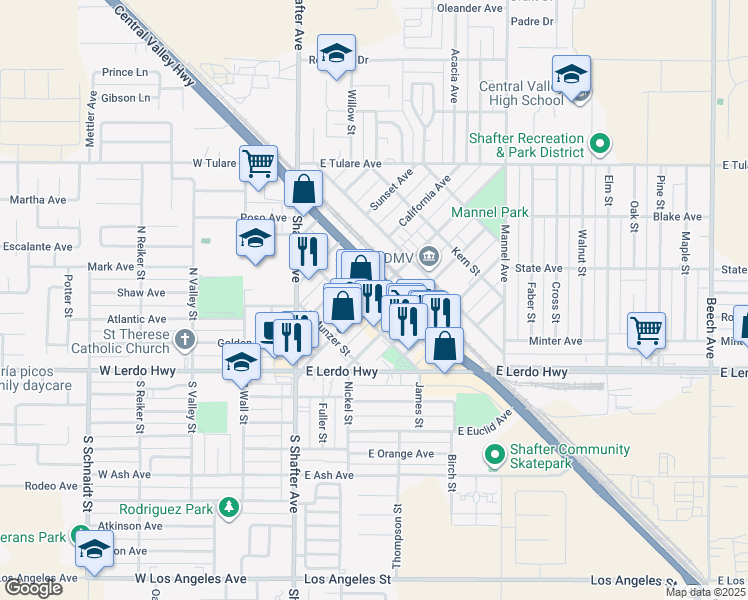 map of restaurants, bars, coffee shops, grocery stores, and more near 300 Central Avenue in Shafter