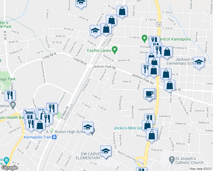 map of restaurants, bars, coffee shops, grocery stores, and more near 416 Ross Avenue in Kannapolis