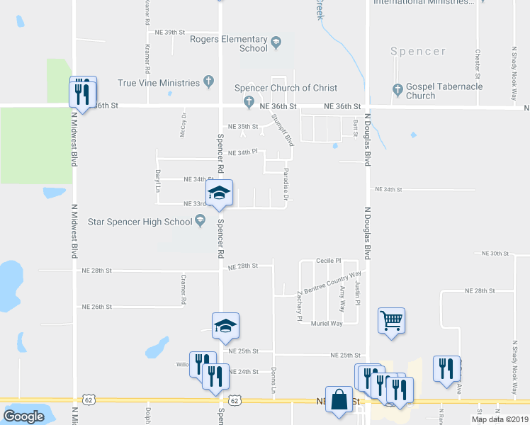map of restaurants, bars, coffee shops, grocery stores, and more near 8612 Northeast 33rd Street in Spencer